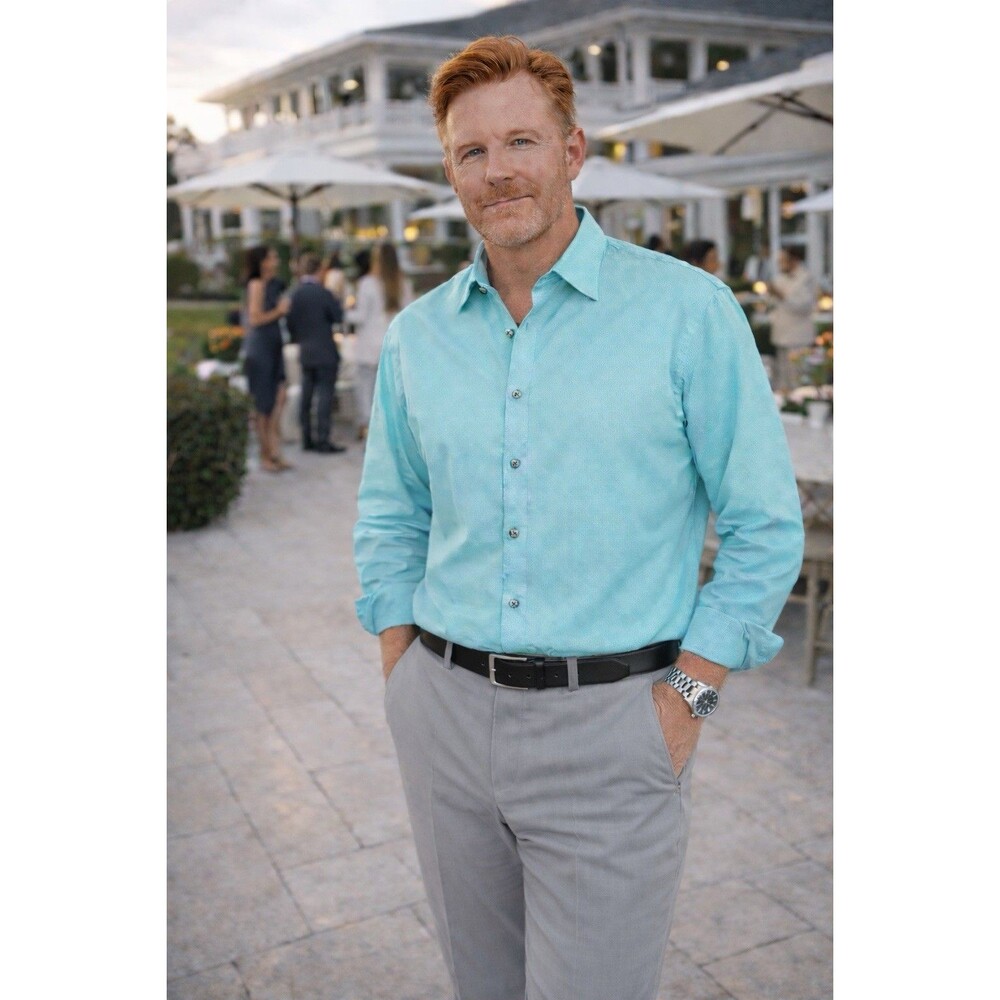 ALFANI Dress Shirt XL Textured Cotton Wrinkle Resistant Aqua Blue Seafoam Easter